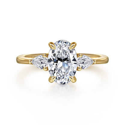 14K Yellow Gold Oval Three Stone Diamond Engagement Ring — Gabriel & Co. ER16437O6Y44JJ; center stone shown for illustration, not included