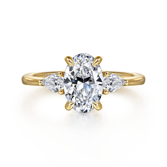 14K Yellow Gold Oval Three Stone Diamond Engagement Ring — Gabriel & Co. ER16437O6Y44JJ; center stone shown for illustration, not included