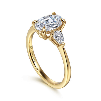 14K Yellow Gold Oval Three Stone Diamond Engagement Ring — Gabriel & Co. ER16437O6Y44JJ; center stone shown for illustration, not included
