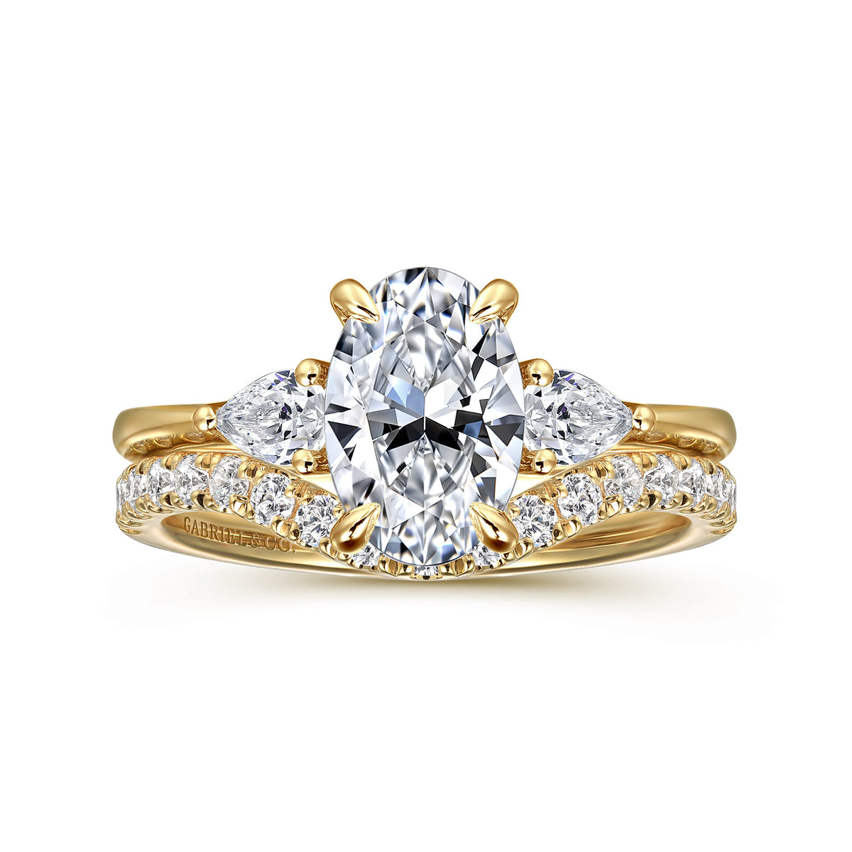 14K Yellow Gold Oval Three Stone Diamond Engagement Ring — Gabriel & Co. ER16437O6Y44JJ; center stone shown for illustration, not included