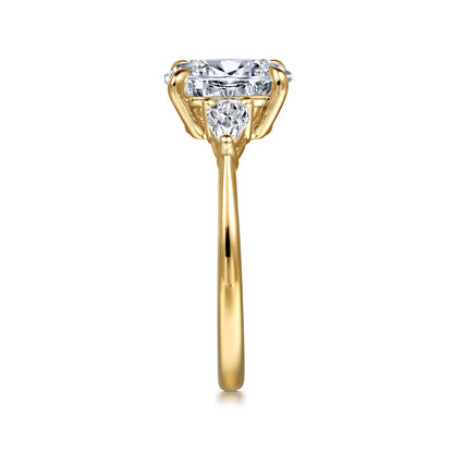 14K Yellow Gold Oval Three Stone Diamond Engagement Ring — Gabriel & Co. ER16437O6Y44JJ; center stone shown for illustration, not included