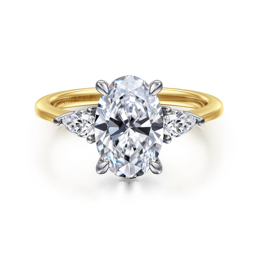 14K White-Yellow Gold Oval Three Stone Diamond Engagement Ring — Gabriel & Co. ER16437O8M44JJ; center stone shown for illustration, not included