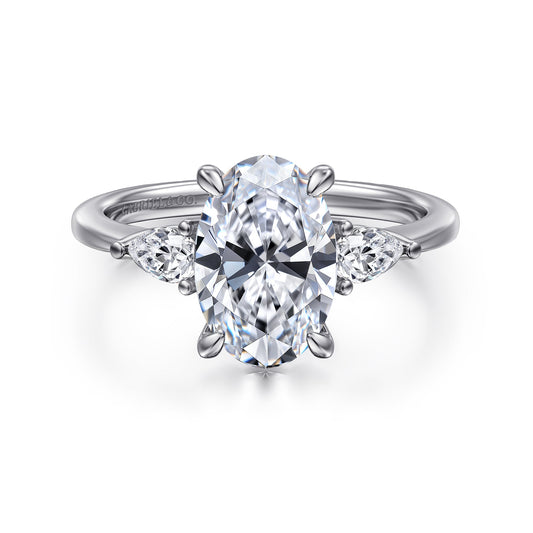 Platinum Oval Three Stone Diamond Engagement Ring — Gabriel & Co. ER16437O8PT4JJ; center stone shown for illustration, not included