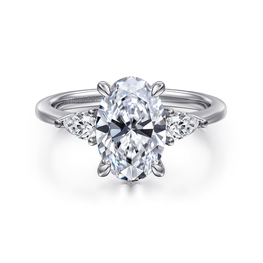 14K White Gold Oval Three Stone Diamond Engagement Ring — Gabriel & Co. ER16437O8W44JJ; center stone shown for illustration, not included