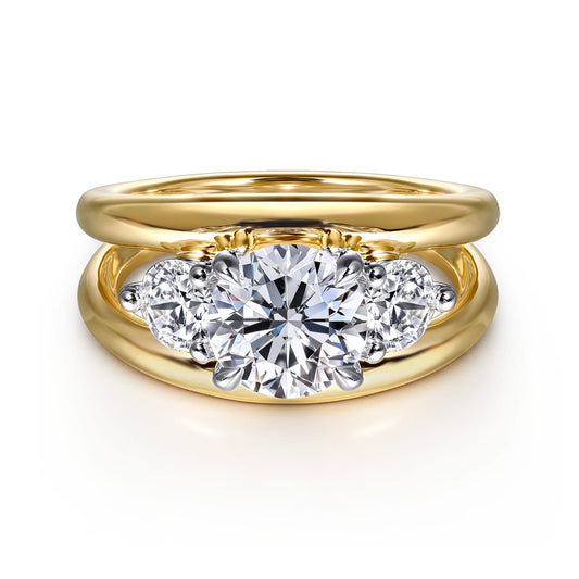 14K Yellow-White Gold Round Three Stone Split Shank Diamond Engagement Ring — Gabriel & Co. ER16444R6M44JJ; center stone shown for illustration, not included