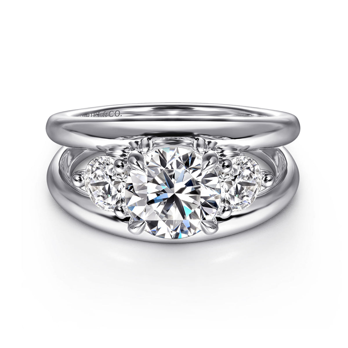 14K White Gold Round Three Stone Diamond Engagement Ring — Gabriel & Co. ER16444R6W44JJ; center stone shown for illustration, not included