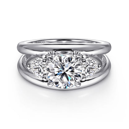 14K White Gold Round Three Stone Diamond Engagement Ring — Gabriel & Co. ER16444R6W44JJ; center stone shown for illustration, not included