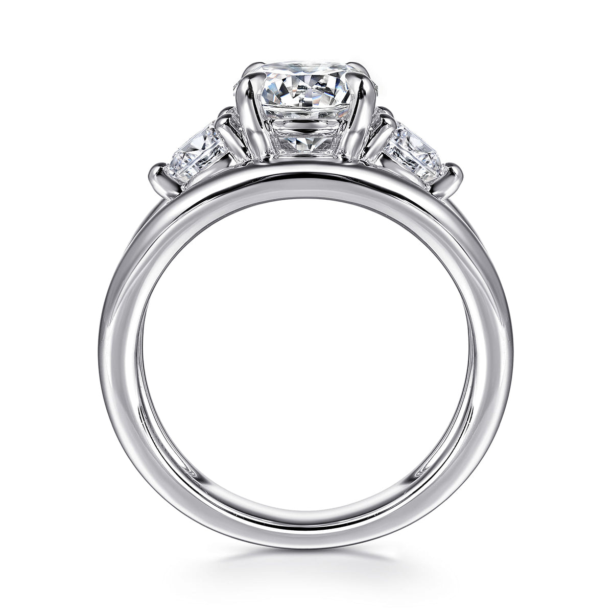 14K White Gold Round Three Stone Diamond Engagement Ring — Gabriel & Co. ER16444R6W44JJ; center stone shown for illustration, not included
