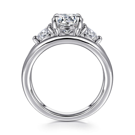 14K White Gold Round Three Stone Diamond Engagement Ring — Gabriel & Co. ER16444R6W44JJ; center stone shown for illustration, not included