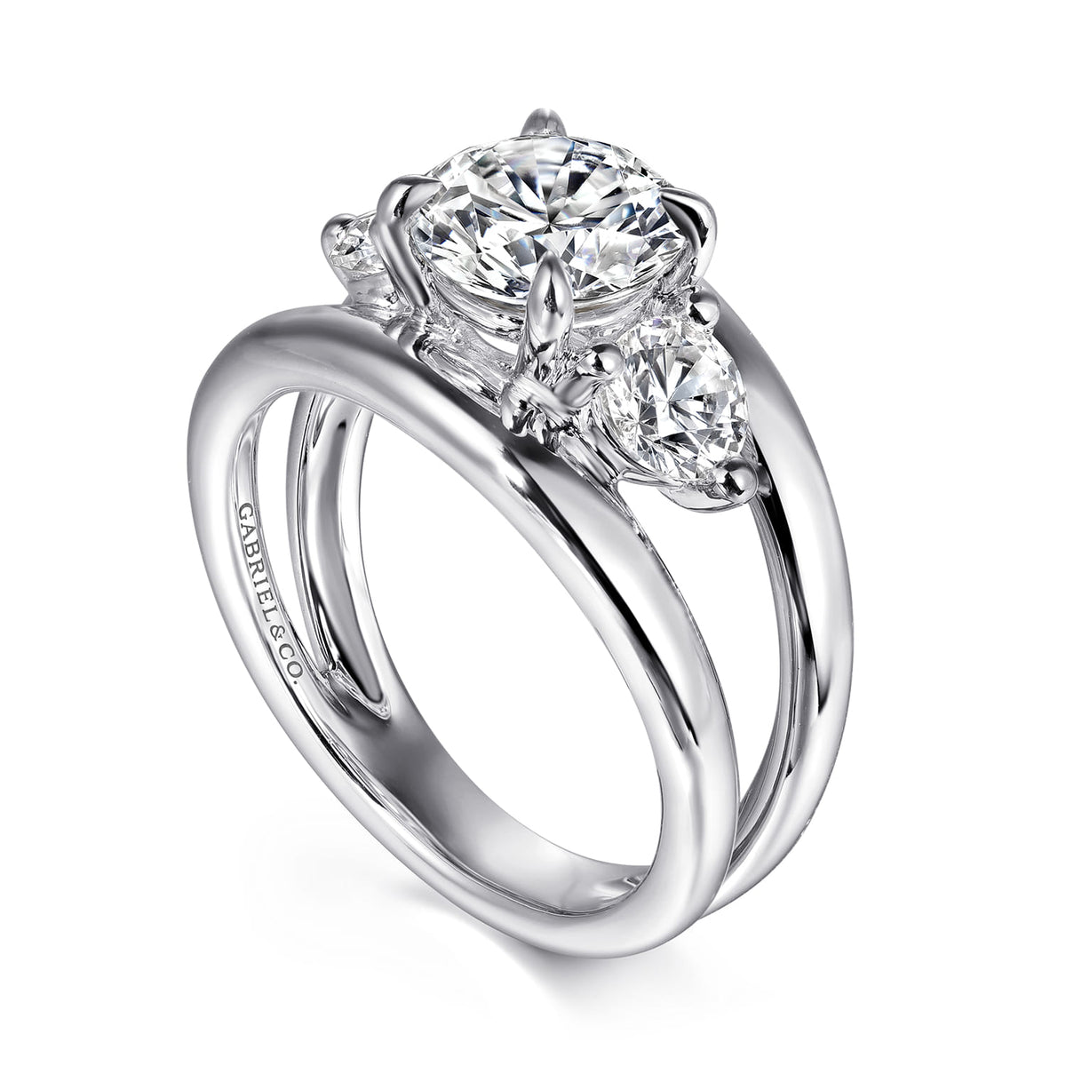 14K White Gold Round Three Stone Diamond Engagement Ring — Gabriel & Co. ER16444R6W44JJ; center stone shown for illustration, not included