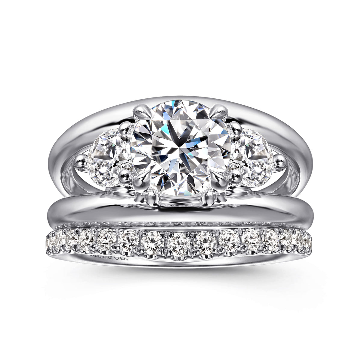 14K White Gold Round Three Stone Diamond Engagement Ring — Gabriel & Co. ER16444R6W44JJ; center stone shown for illustration, not included