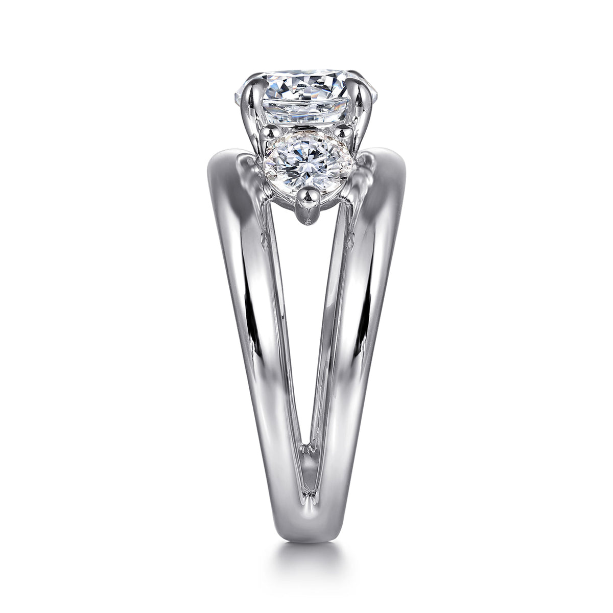 14K White Gold Round Three Stone Diamond Engagement Ring — Gabriel & Co. ER16444R6W44JJ; center stone shown for illustration, not included