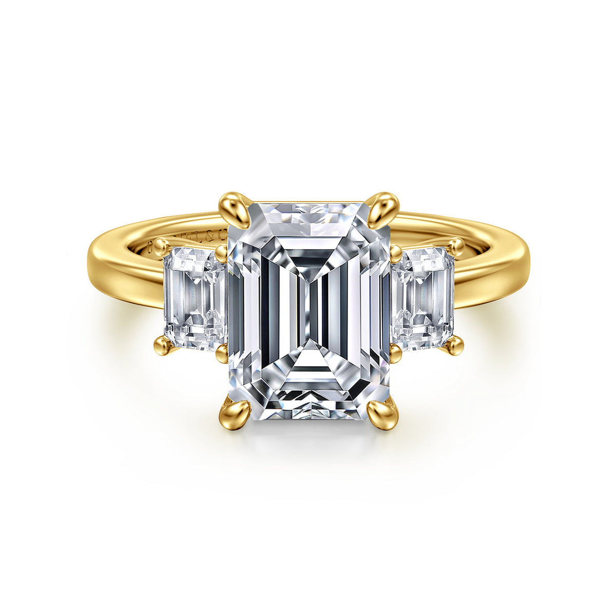 14K Yellow Gold Emerald Cut Three Stone Diamond Engagement Ring — Gabriel & Co. ER16463E12Y43JJ; center stone shown for illustration, not included