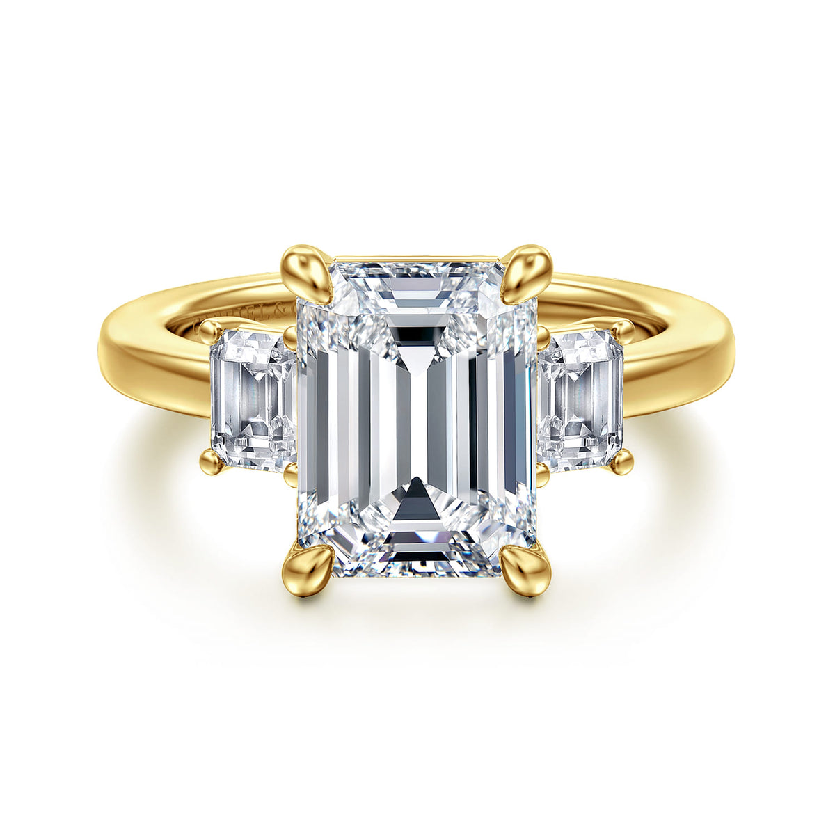 14K Yellow Gold Emerald Cut Three Stone Diamond Engagement Ring — Gabriel & Co. ER16463E16Y43JJ; center stone shown for illustration, not included