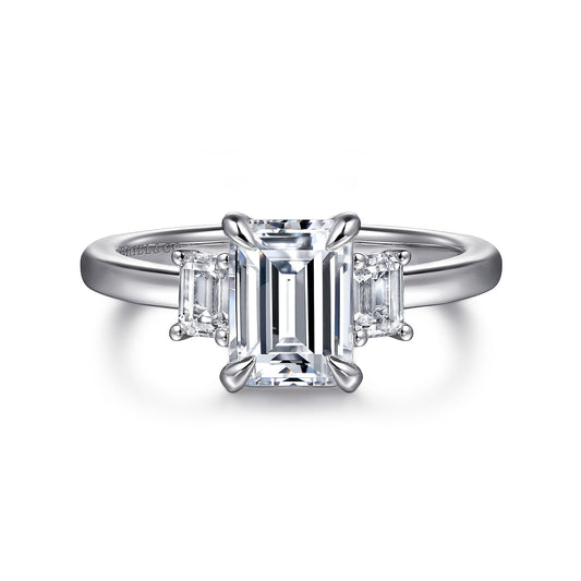 14K White Gold Emerald Cut Three Stone Diamond Engagement Ring — Gabriel & Co. ER16464E6W43JJ; center stone shown for illustration, not included