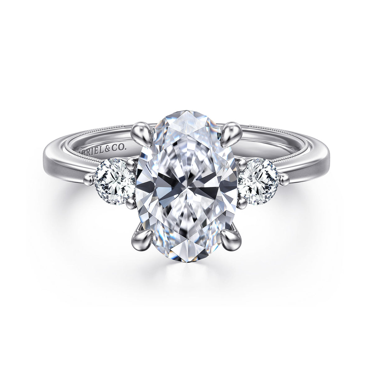 14K White Gold Oval Three Stone Diamond Engagement Ring — Gabriel & Co. ER16475O8W44JJ; center stone shown for illustration, not included