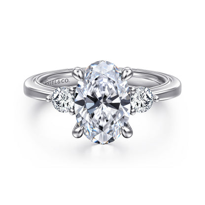 14K White Gold Oval Three Stone Diamond Engagement Ring — Gabriel & Co. ER16475O8W44JJ; center stone shown for illustration, not included