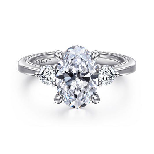 14K White Gold Oval Three Stone Diamond Engagement Ring — Gabriel & Co. ER16475O8W44JJ; center stone shown for illustration, not included