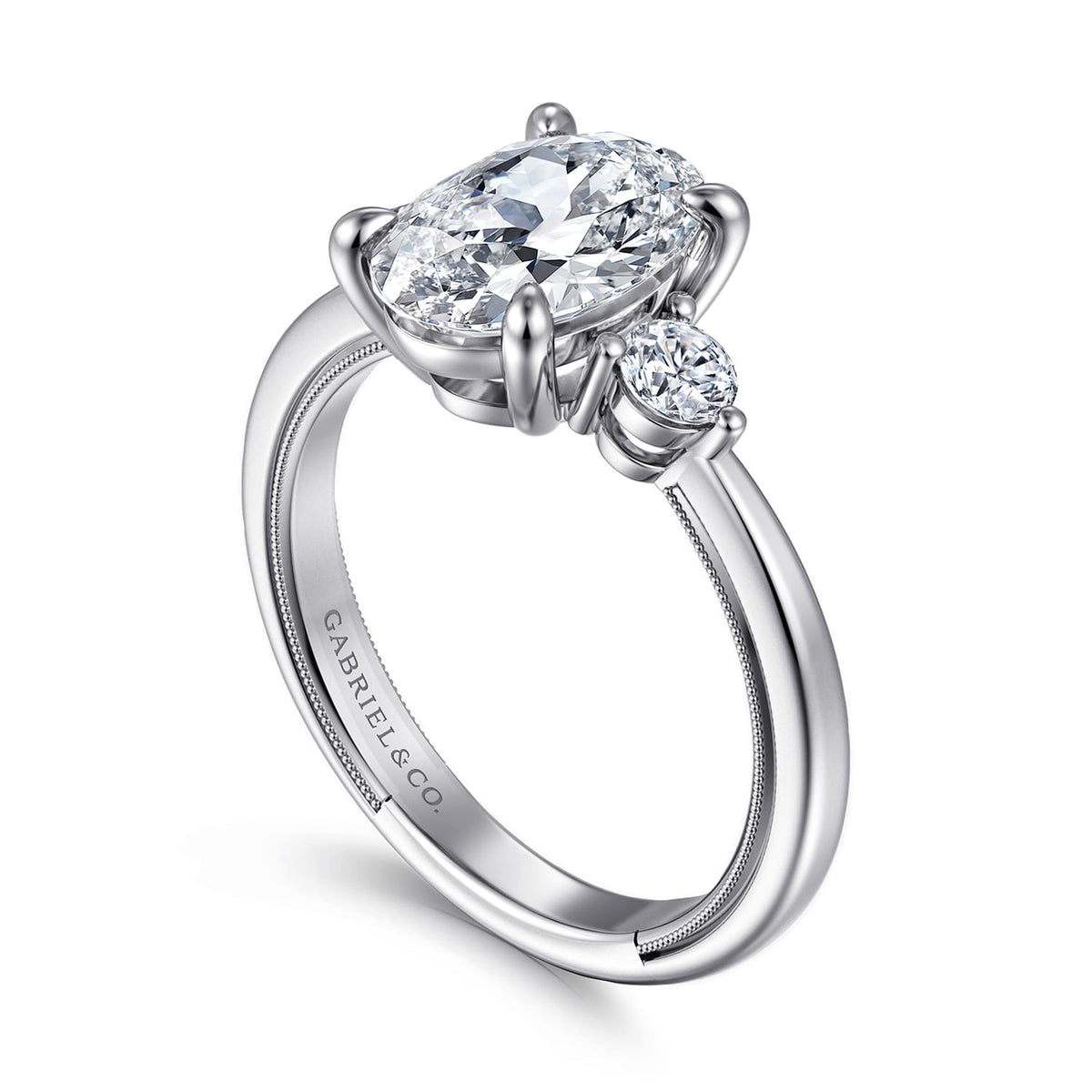 14K White Gold Oval Three Stone Diamond Engagement Ring — Gabriel & Co. ER16475O8W44JJ; center stone shown for illustration, not included