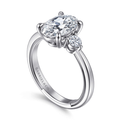 14K White Gold Oval Three Stone Diamond Engagement Ring — Gabriel & Co. ER16475O8W44JJ; center stone shown for illustration, not included