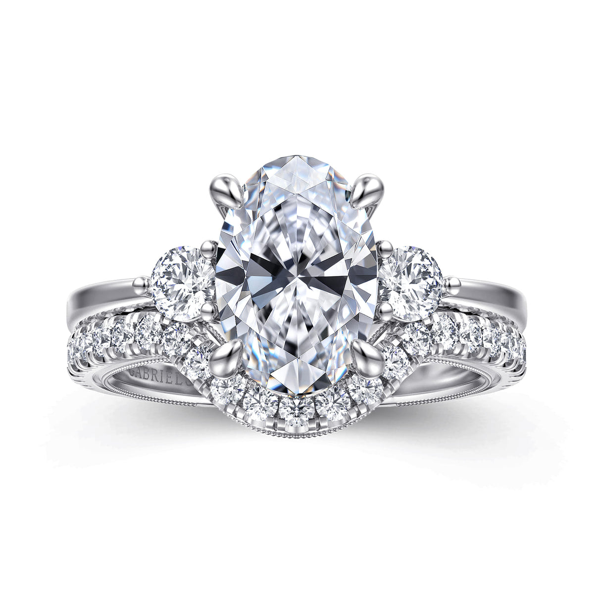 14K White Gold Oval Three Stone Diamond Engagement Ring — Gabriel & Co. ER16475O8W44JJ; center stone shown for illustration, not included