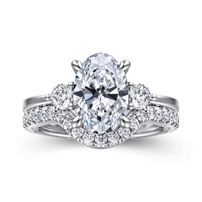 14K White Gold Oval Three Stone Diamond Engagement Ring — Gabriel & Co. ER16475O8W44JJ; center stone shown for illustration, not included