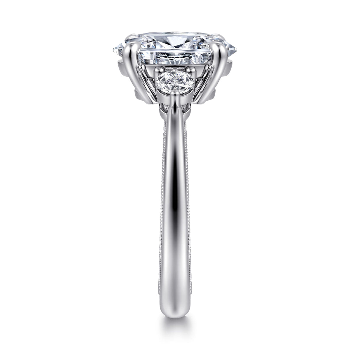 14K White Gold Oval Three Stone Diamond Engagement Ring — Gabriel & Co. ER16475O8W44JJ; center stone shown for illustration, not included