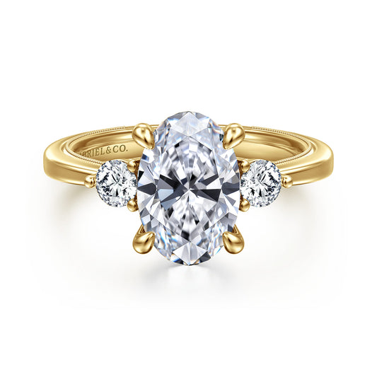 14K Yellow Gold Oval Three Stone Diamond Engagement Ring — Gabriel & Co. ER16475O8Y44JJ; center stone shown for illustration, not included