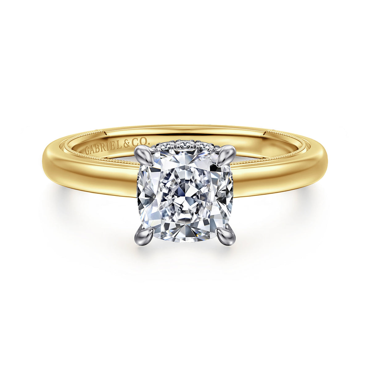 14K White-Yellow Gold East West Cushion Cut Diamond Engagement Ring — ER16476C6M44JJ; center stone shown for illustration, not included