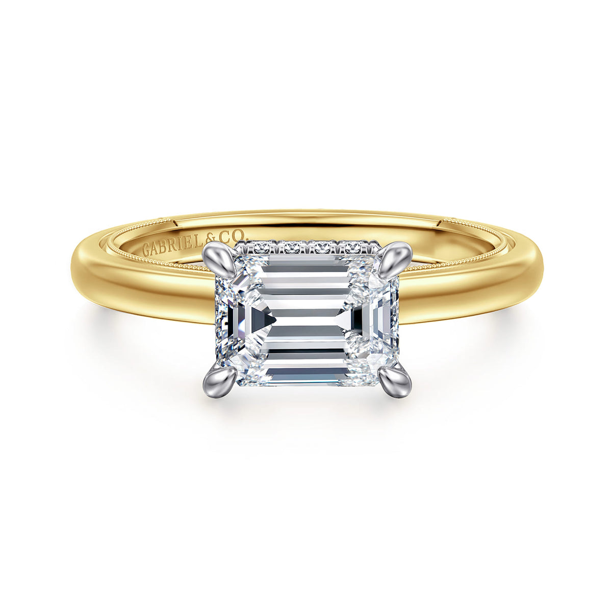 14K White-Yellow Gold East West Emerald Cut Diamond Engagement Ring — ER16476E6M44JJ; center stone shown for illustration, not included