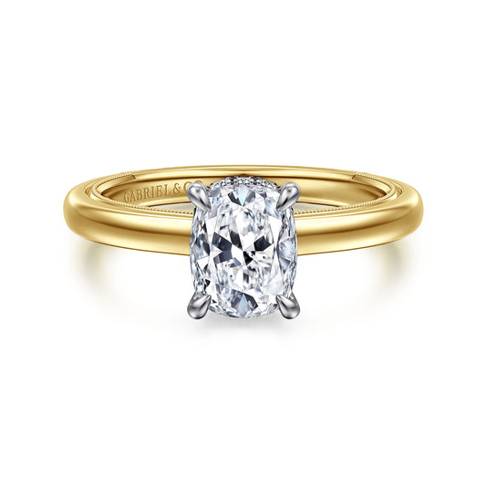 14K White-Yellow Gold Elongated Cushion Diamond Engagement Ring — Gabriel & Co. ER16476G6M44JJ; center stone shown for illustration, not included