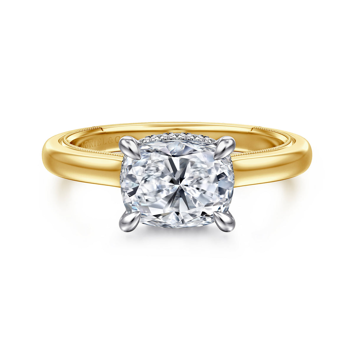 14K White-Yellow Gold East West Elongated Cushion Diamond Engagement Ring — Gabriel & Co. ER16476G8M44JJ; center stone shown for illustration, not included