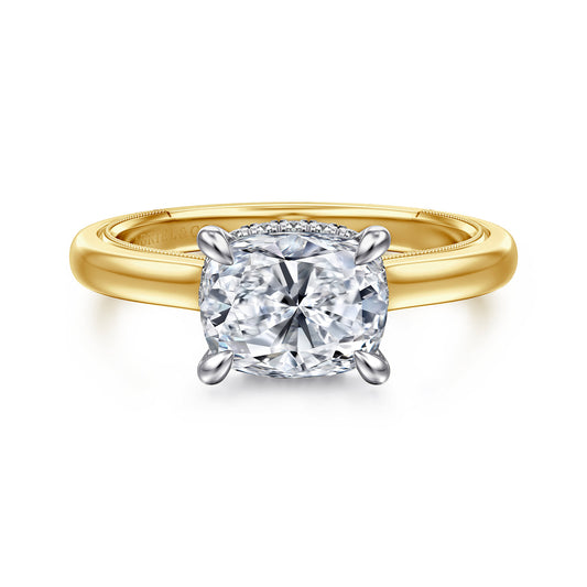 14K White-Yellow Gold East West Elongated Cushion Diamond Engagement Ring — Gabriel & Co. ER16476G8M44JJ; center stone shown for illustration, not included