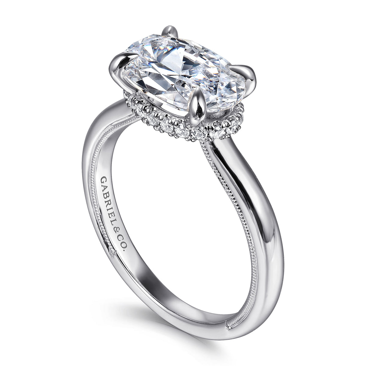 14K White Gold East West Oval Diamond Engagement Ring — Gabriel & Co. ER16476O8W44JJ; center stone shown for illustration, not included