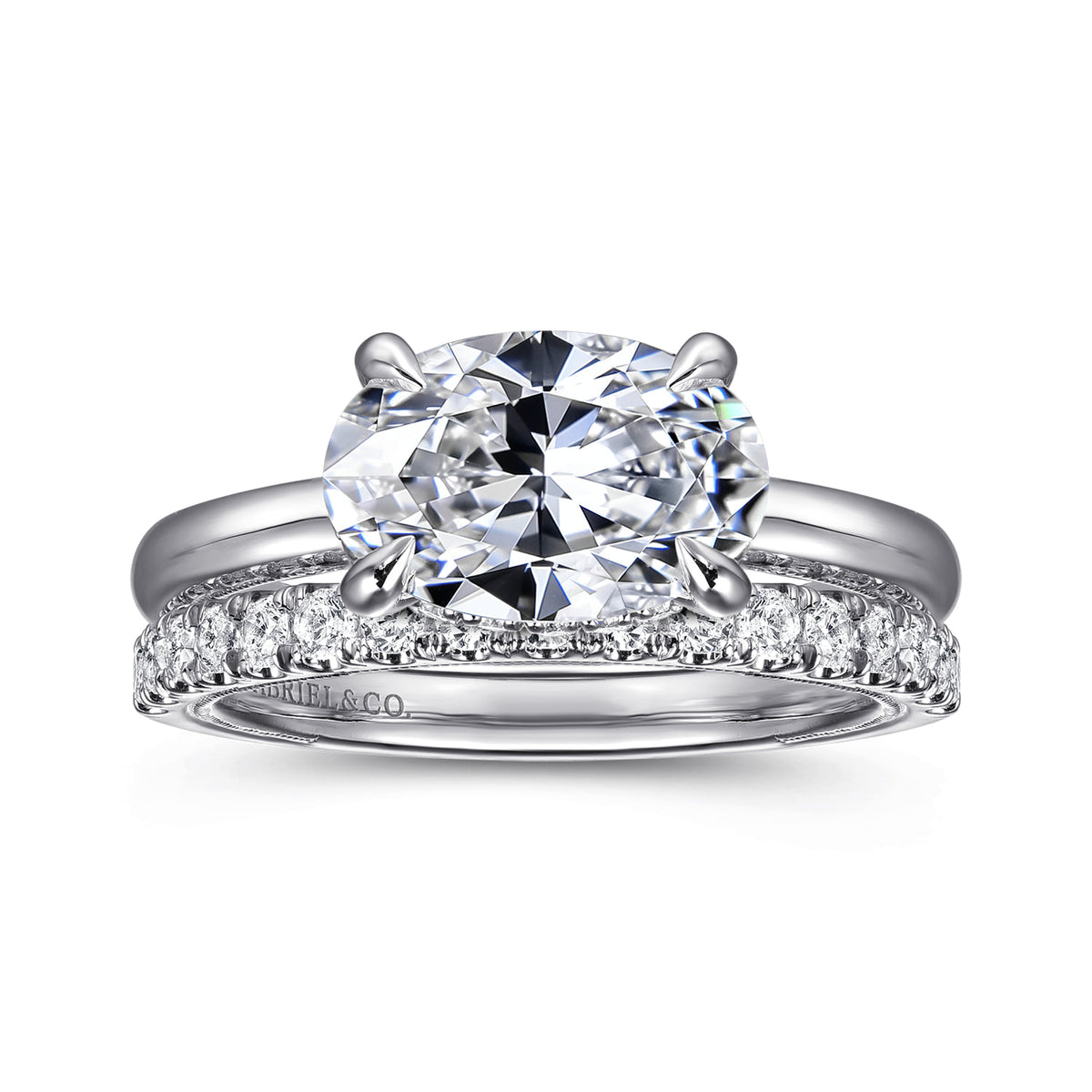 14K White Gold East West Oval Diamond Engagement Ring — Gabriel & Co. ER16476O8W44JJ; center stone shown for illustration, not included