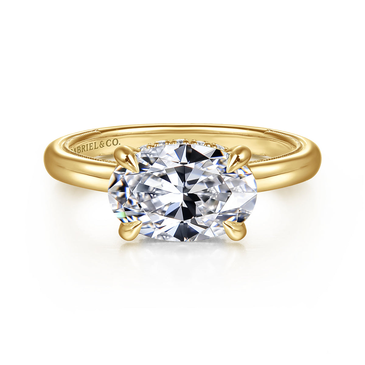 14K Yellow Gold East West Oval Diamond Engagement Ring — Gabriel & Co. ER16476O8Y44JJ; center stone shown for illustration, not included