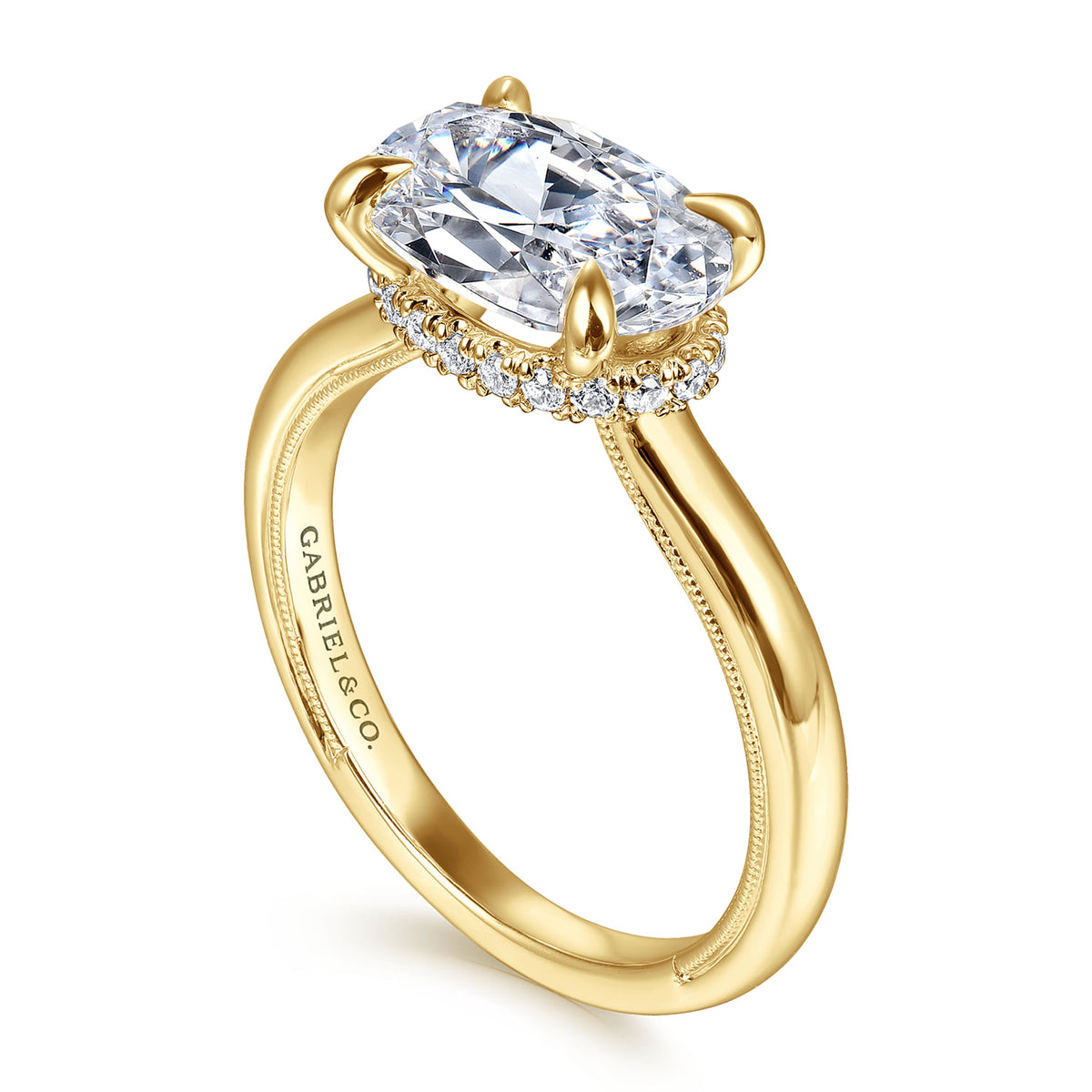 14K Yellow Gold East West Oval Diamond Engagement Ring — Gabriel & Co. ER16476O8Y44JJ; center stone shown for illustration, not included