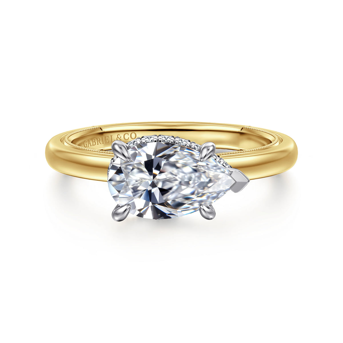 14K White-Yellow Gold East West Pear Shape Diamond Engagement Ring — ER16476P6M44JJ; center stone shown for illustration, not included