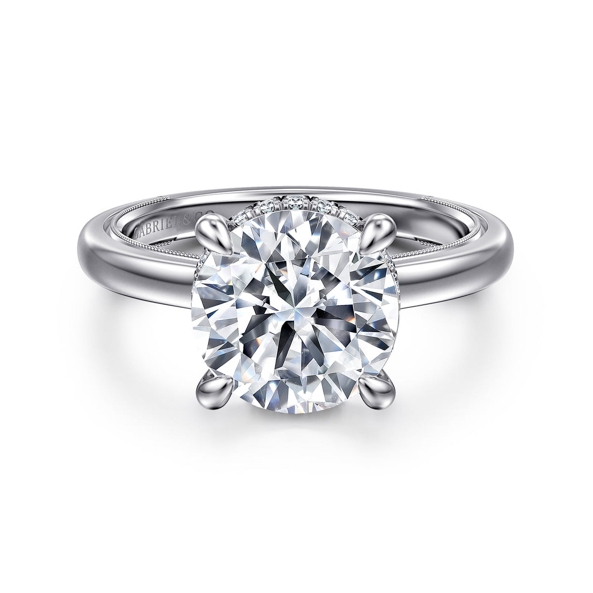 14K White Gold Round Diamond Engagement Ring — ER16476R12W44JJ; center stone shown for illustration, not included