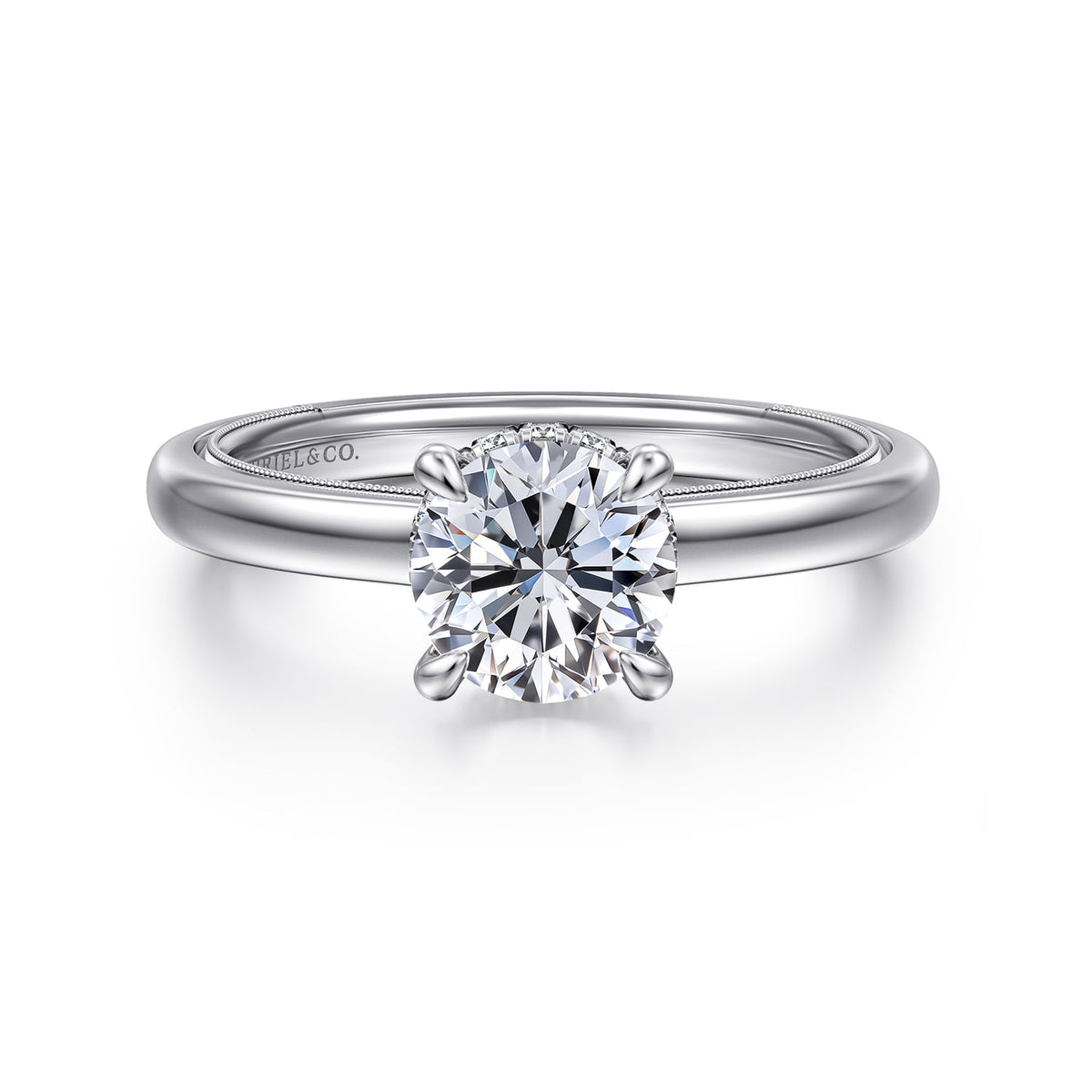 14K White Gold Round Diamond Engagement Ring — ER16476R4W44JJ; center stone shown for illustration, not included