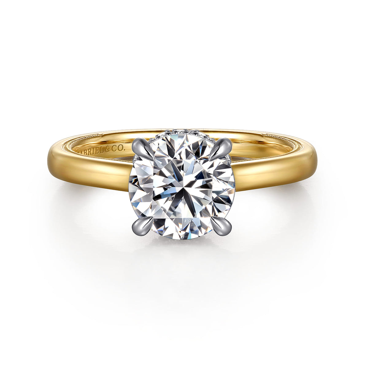 14K White-Yellow Round Diamond Engagement Ring — Gabriel & Co. ER16476R8M44JJ; center stone shown for illustration, not included
