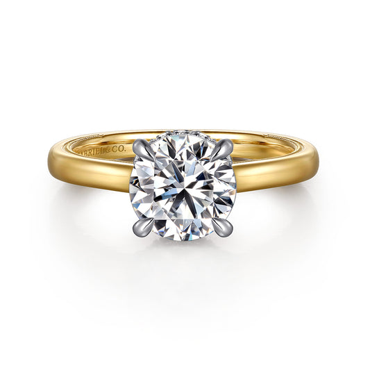 14K White-Yellow Round Diamond Engagement Ring — Gabriel & Co. ER16476R8M44JJ; center stone shown for illustration, not included