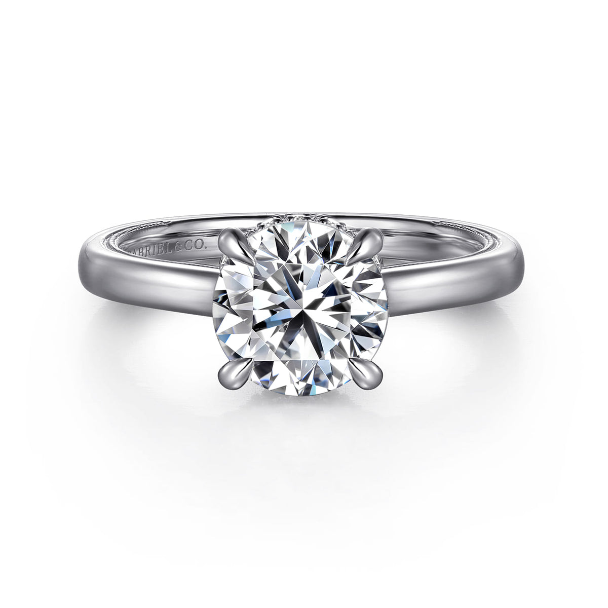 Platinum Round Diamond Engagement Ring — Gabriel & Co. ER16476R8PT4JJ; center stone shown for illustration, not included