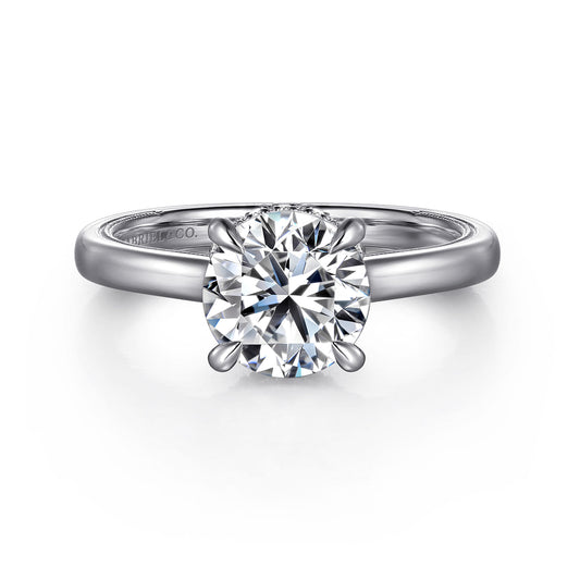 Platinum Round Diamond Engagement Ring — Gabriel & Co. ER16476R8PT4JJ; center stone shown for illustration, not included