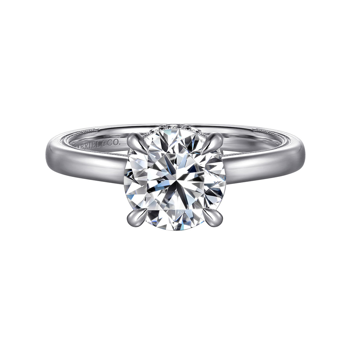 14K White Gold Round Diamond Engagement Ring — Gabriel & Co. ER16476R8W44JJ; center stone shown for illustration, not included