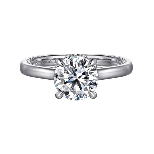 14K White Gold Round Diamond Engagement Ring — Gabriel & Co. ER16476R8W44JJ; center stone shown for illustration, not included