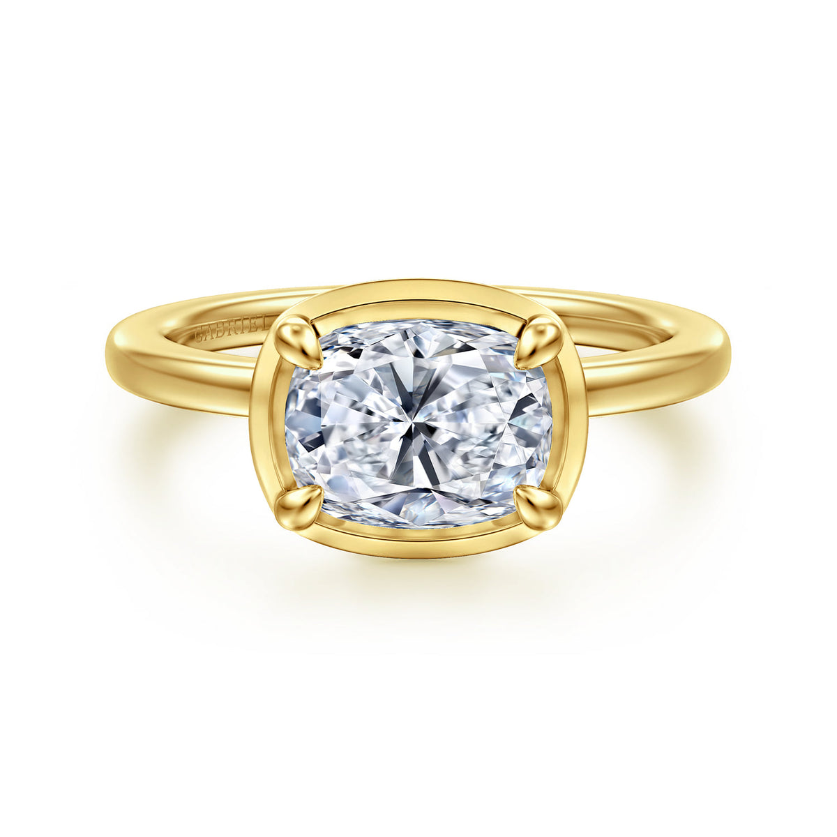 14K Yellow Gold East West and Bezel Prong Elongated Cushion Diamond Engagement Ring — Gabriel & Co. ER16483G8Y4JJJ; center stone shown for illustration, not included
