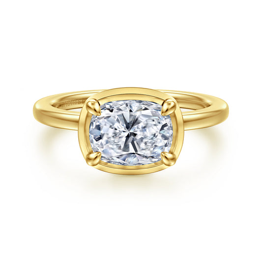 14K Yellow Gold East West and Bezel Prong Elongated Cushion Diamond Engagement Ring — Gabriel & Co. ER16483G8Y4JJJ; center stone shown for illustration, not included