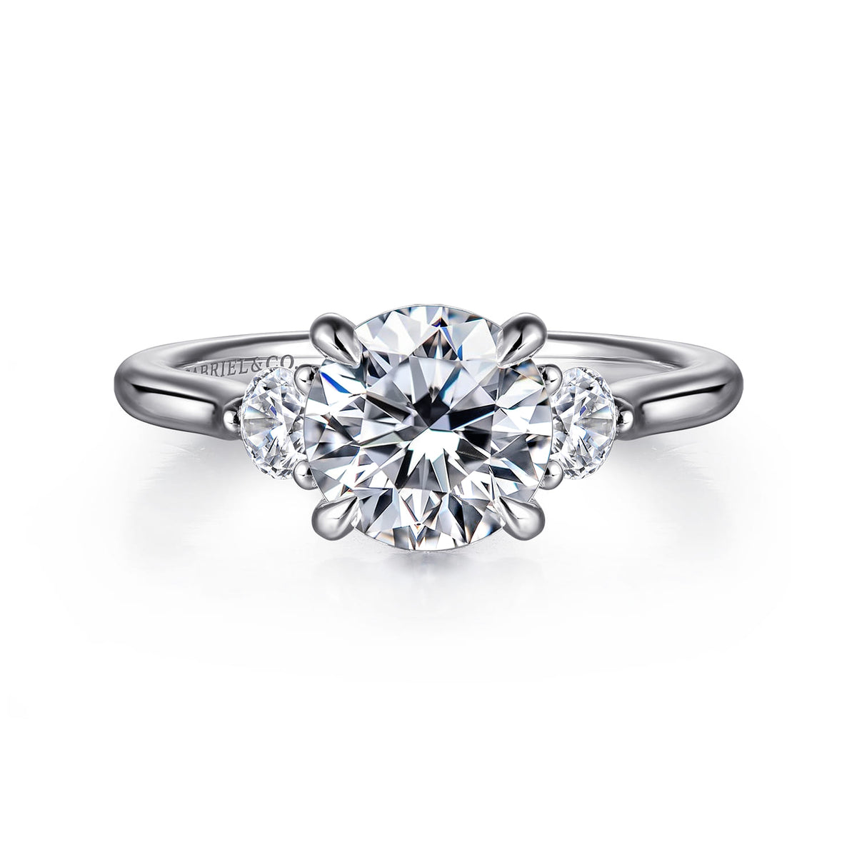 14K White Gold Round Three Stone Lotus Diamond Engagement Ring — Gabriel & Co. ER16484R6W44JJ; center stone shown for illustration, not included
