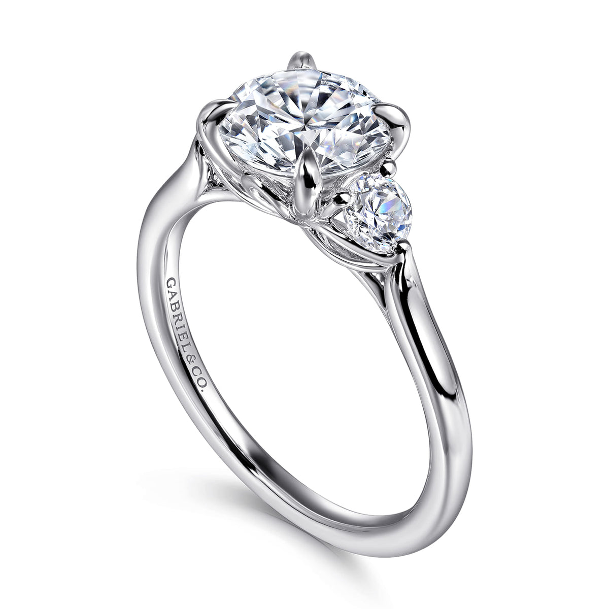 14K White Gold Round Three Stone Lotus Diamond Engagement Ring — Gabriel & Co. ER16484R6W44JJ; center stone shown for illustration, not included